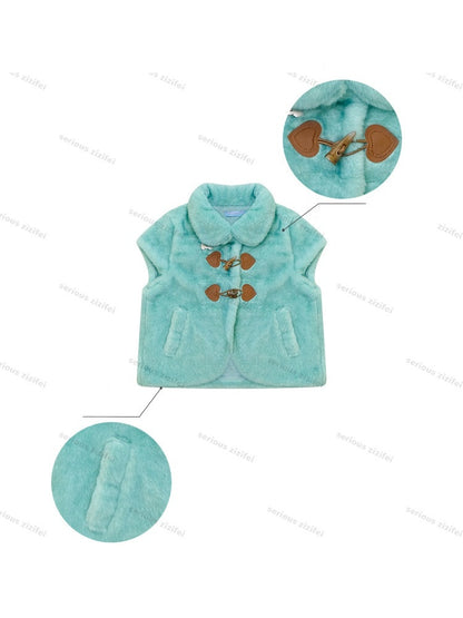 Toggle Button Doll Collar Ram Shearing-Style Teal Vest Jacket【s0000018916】