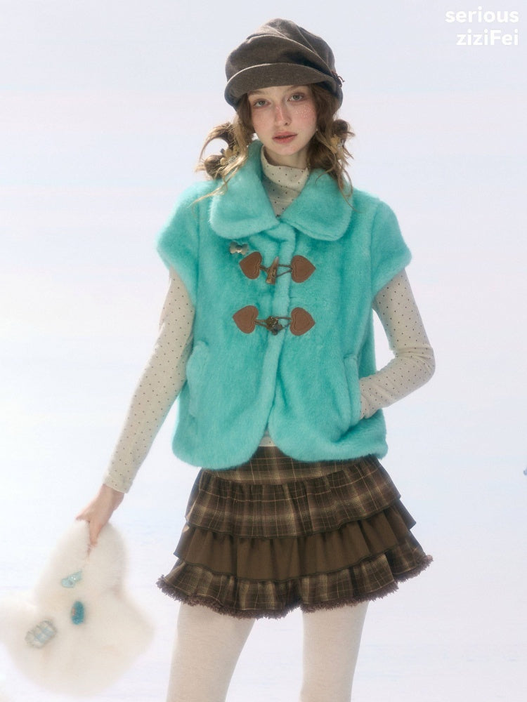 Toggle Button Doll Collar Ram Shearing-Style Teal Vest Jacket【s0000018916】