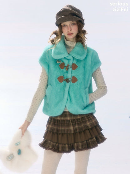 Toggle Button Doll Collar Ram Shearing-Style Teal Vest Jacket【s0000018916】