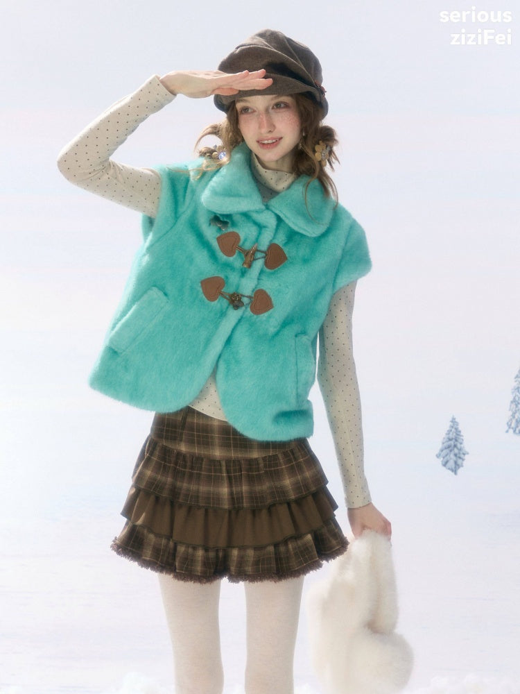 Toggle Button Doll Collar Ram Shearing-Style Teal Vest Jacket【s0000018916】