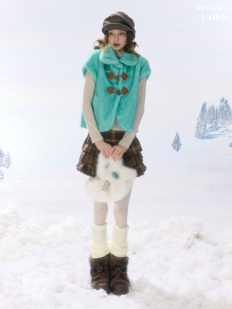 Toggle Button Doll Collar Ram Shearing-Style Teal Vest Jacket【s0000018916】