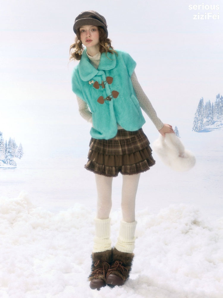 Toggle Button Doll Collar Ram Shearing-Style Teal Vest Jacket【s0000018916】