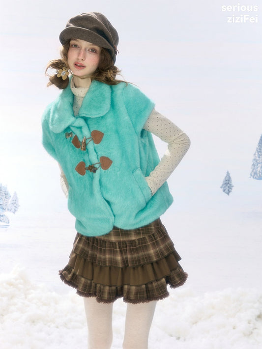 Toggle Button Doll Collar Ram Shearing-Style Teal Vest Jacket【s0000018916】