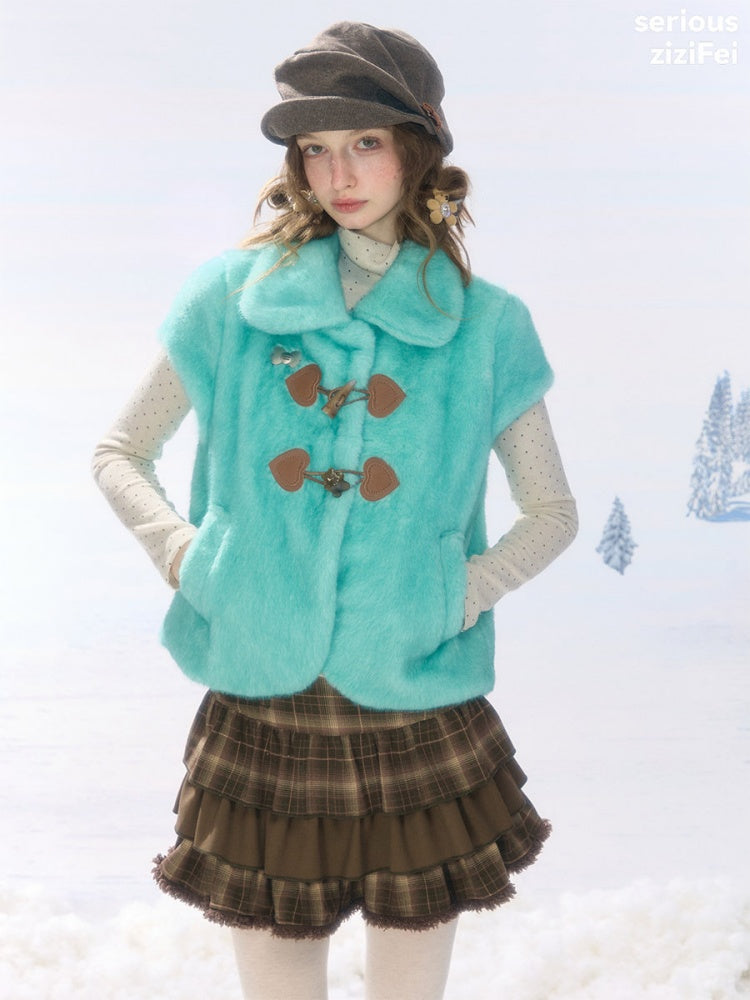 Toggle Button Doll Collar Ram Shearing-Style Teal Vest Jacket【s0000018916】