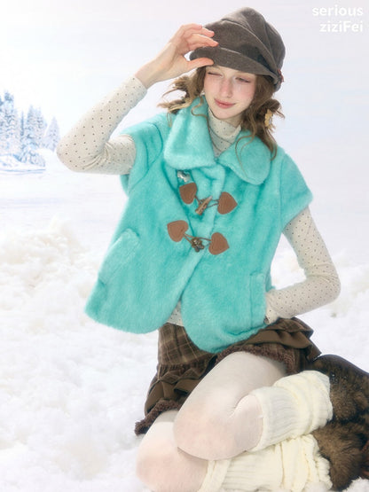 Toggle Button Doll Collar Ram Shearing-Style Teal Vest Jacket【s0000018916】