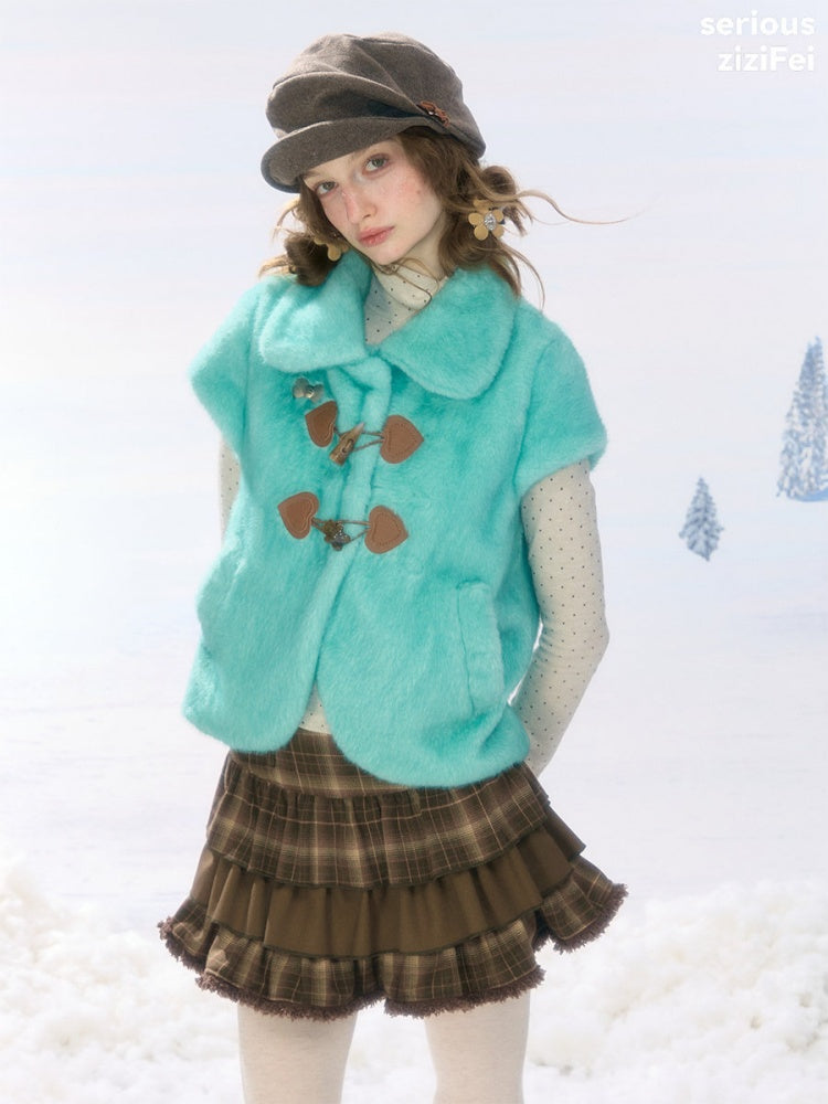 Toggle Button Doll Collar Ram Shearing-Style Teal Vest Jacket【s0000018916】