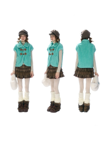 Toggle Button Doll Collar Ram Shearing-Style Teal Vest Jacket【s0000018916】