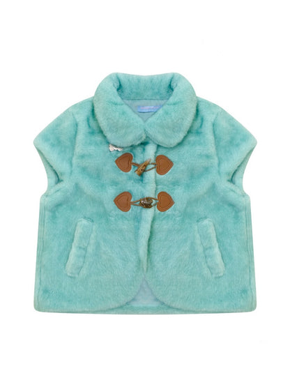 Toggle Button Doll Collar Ram Shearing-Style Teal Vest Jacket【s0000018916】