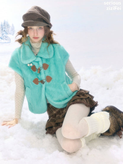 Toggle Button Doll Collar Ram Shearing-Style Teal Vest Jacket【s0000018916】