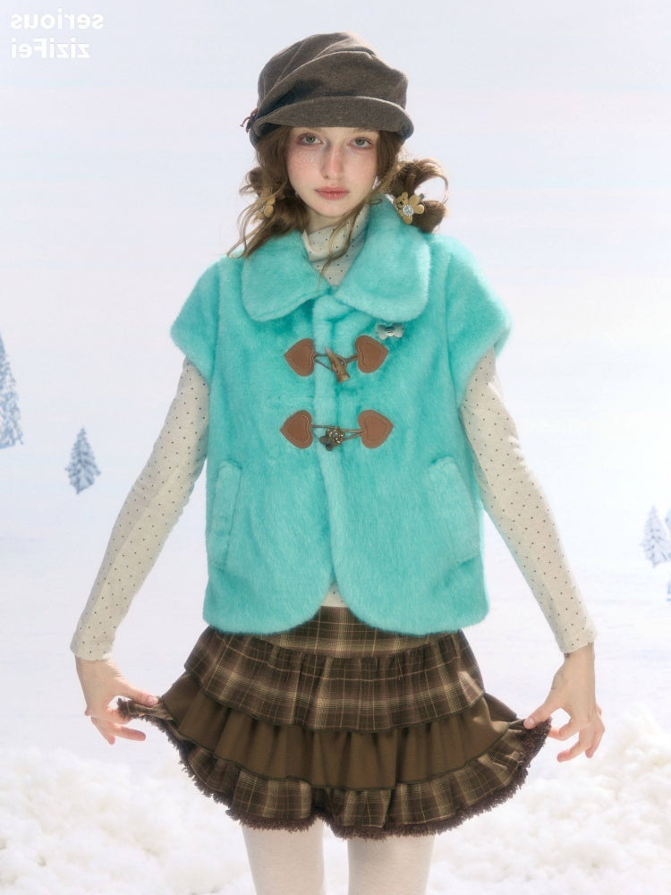 Toggle Button Doll Collar Ram Shearing-Style Teal Vest Jacket【s0000018916】