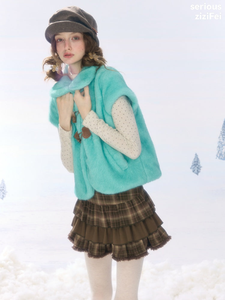Toggle Button Doll Collar Ram Shearing-Style Teal Vest Jacket【s0000018916】