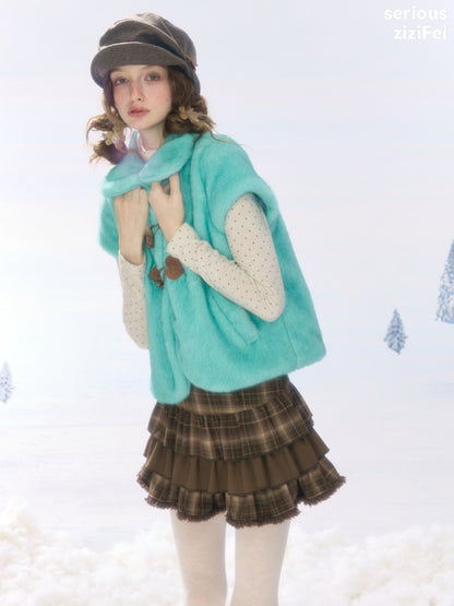 Toggle Button Doll Collar Ram Shearing-Style Teal Vest Jacket【s0000018916】