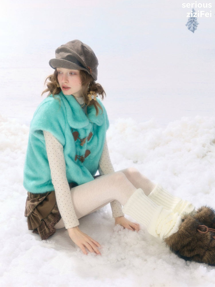 Toggle Button Doll Collar Ram Shearing-Style Teal Vest Jacket【s0000018916】