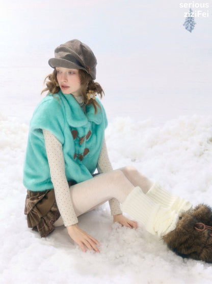 Toggle Button Doll Collar Ram Shearing-Style Teal Vest Jacket【s0000018916】