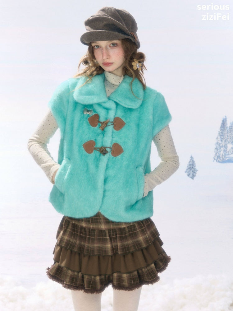 Toggle Button Doll Collar Ram Shearing-Style Teal Vest Jacket【s0000018916】