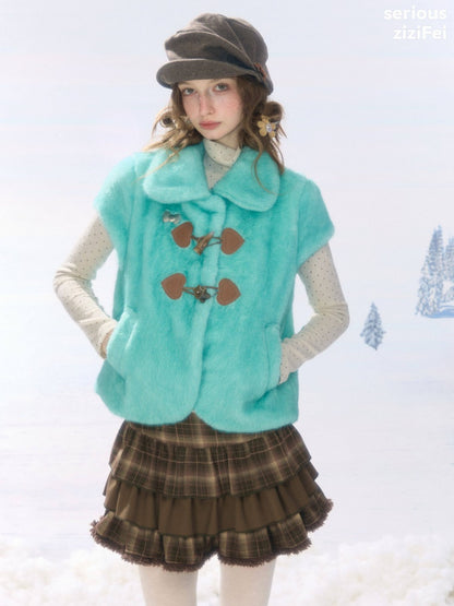 Toggle Button Doll Collar Ram Shearing-Style Teal Vest Jacket【s0000018916】