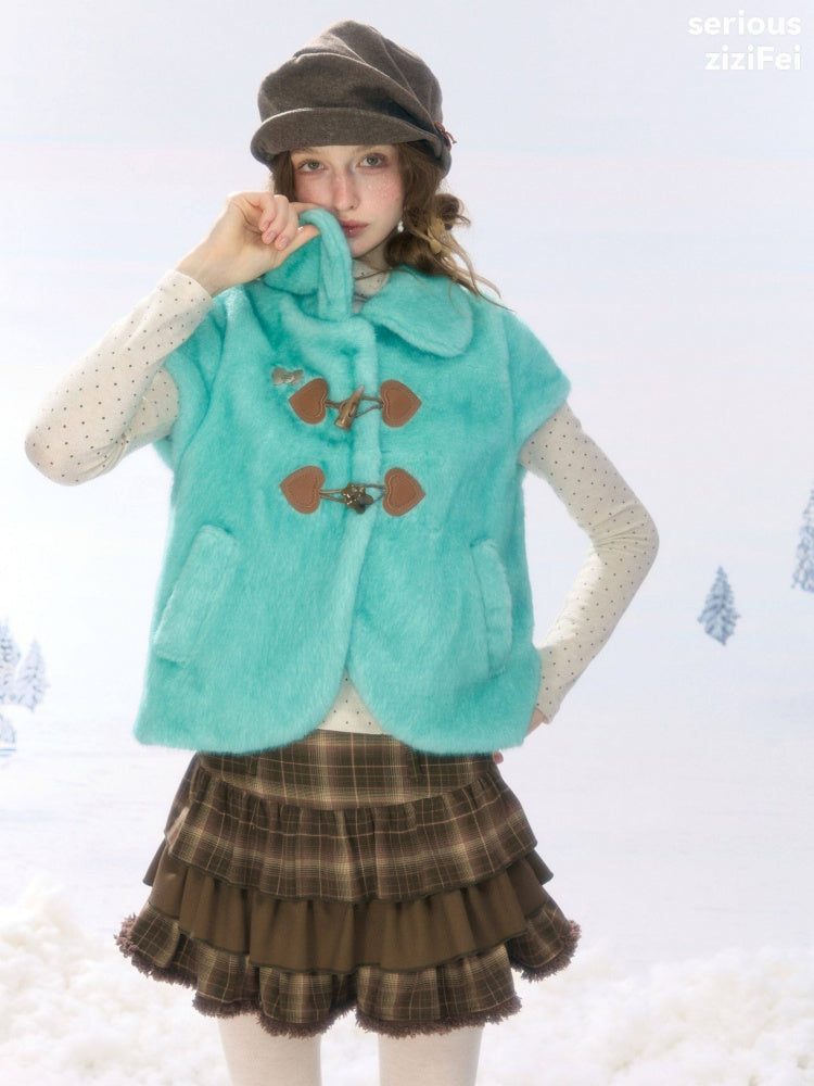 Toggle Button Doll Collar Ram Shearing-Style Teal Vest Jacket【s0000018916】