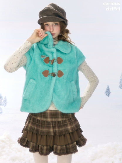 Toggle Button Doll Collar Ram Shearing-Style Teal Vest Jacket【s0000018916】