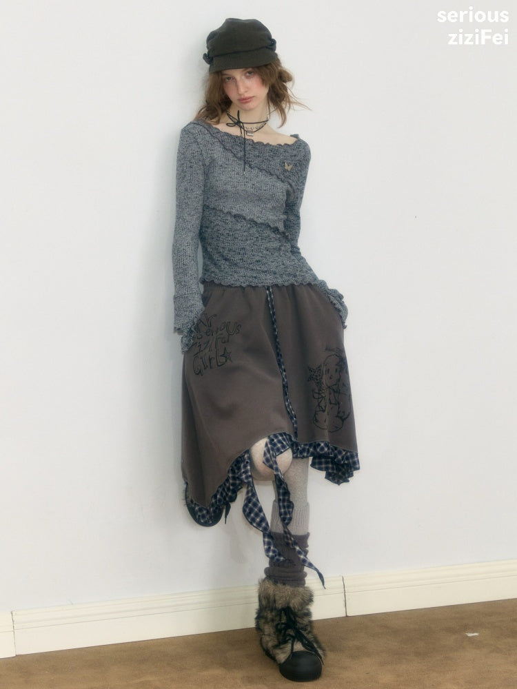 Flared Sleeves Mellow Dark Gray Slimming Knit Top【s0000018917】