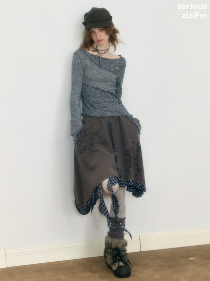 Flared Sleeves Mellow Dark Gray Slimming Knit Top【s0000018917】