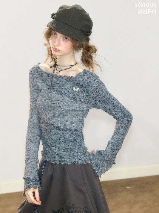 Flared Sleeves Mellow Dark Gray Slimming Knit Top【s0000018917】