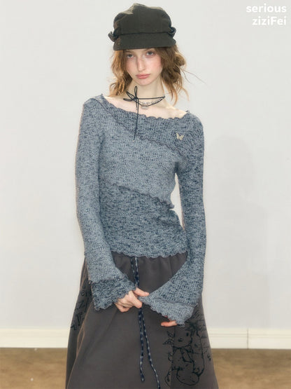 Flared Sleeves Mellow Dark Gray Slimming Knit Top【s0000018917】