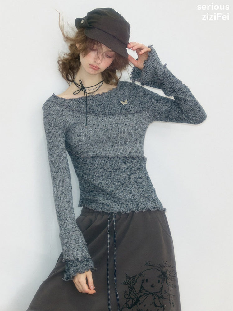 Flared Sleeves Mellow Dark Gray Slimming Knit Top【s0000018917】