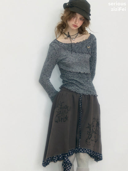 Flared Sleeves Mellow Dark Gray Slimming Knit Top【s0000018917】