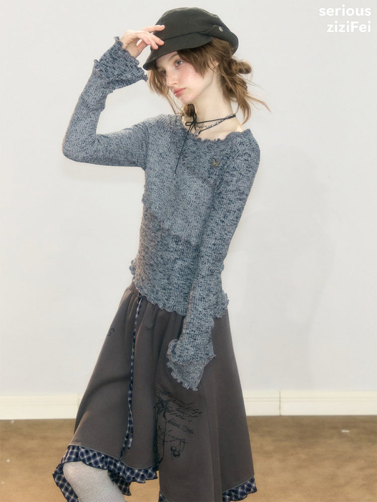 Flared Sleeves Mellow Dark Gray Slimming Knit Top【s0000018917】