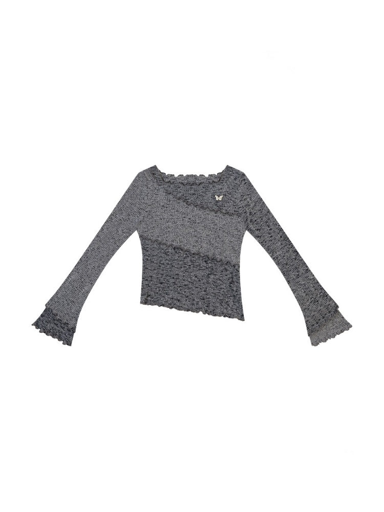 Flared Sleeves Mellow Dark Gray Slimming Knit Top【s0000018917】