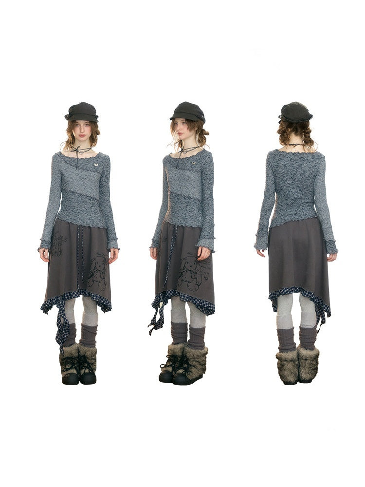 Flared Sleeves Mellow Dark Gray Slimming Knit Top【s0000018917】