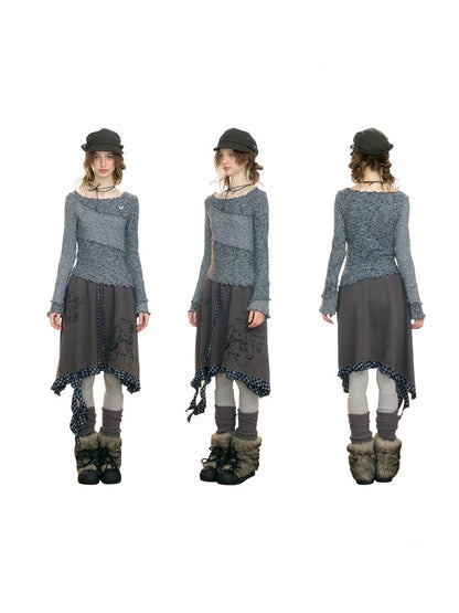 Flared Sleeves Mellow Dark Gray Slimming Knit Top【s0000018917】