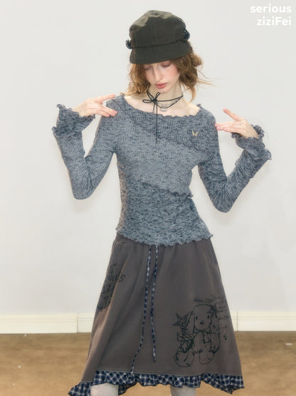 Flared Sleeves Mellow Dark Gray Slimming Knit Top【s0000018917】