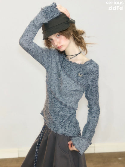 Flared Sleeves Mellow Dark Gray Slimming Knit Top【s0000018917】
