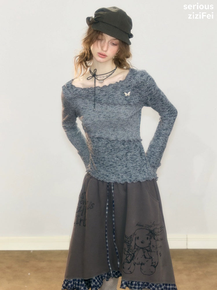Flared Sleeves Mellow Dark Gray Slimming Knit Top【s0000018917】