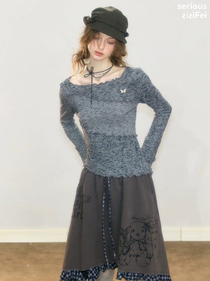 Flared Sleeves Mellow Dark Gray Slimming Knit Top【s0000018917】