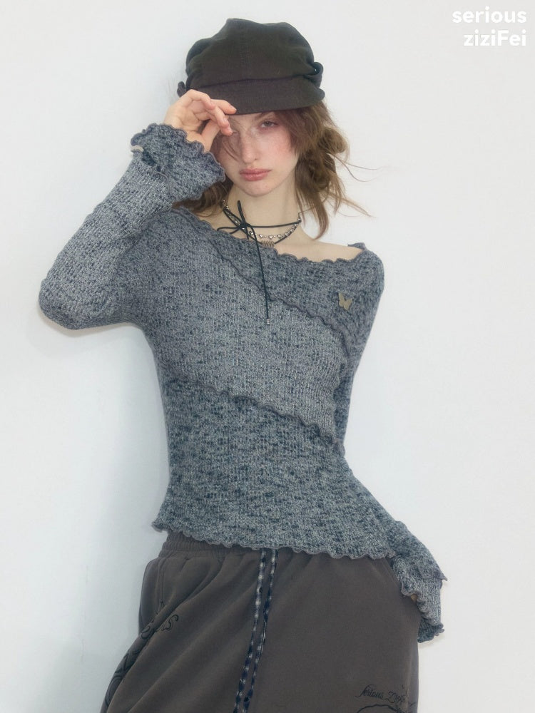 Flared Sleeves Mellow Dark Gray Slimming Knit Top【s0000018917】