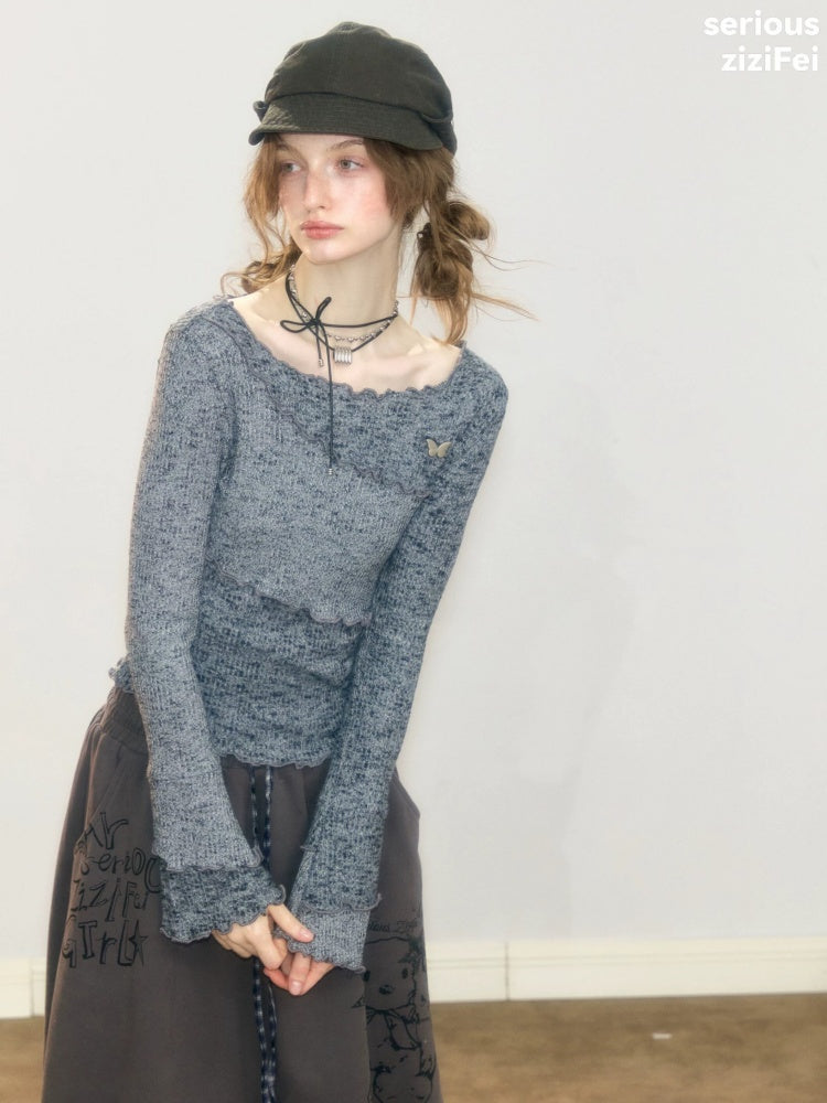 Flared Sleeves Mellow Dark Gray Slimming Knit Top【s0000018917】