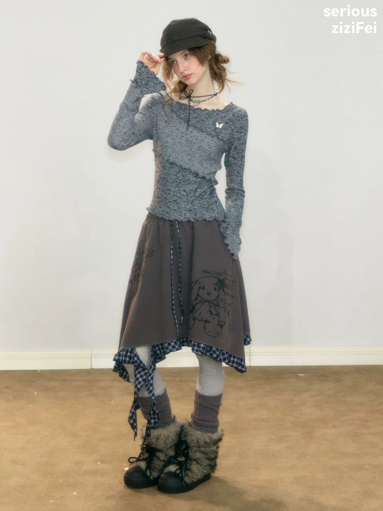 Flared Sleeves Mellow Dark Gray Slimming Knit Top【s0000018917】