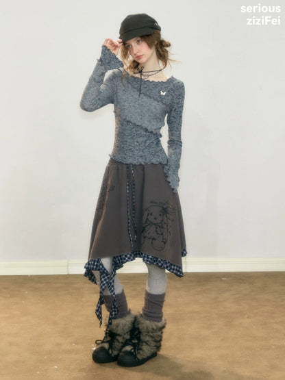 Flared Sleeves Mellow Dark Gray Slimming Knit Top【s0000018917】