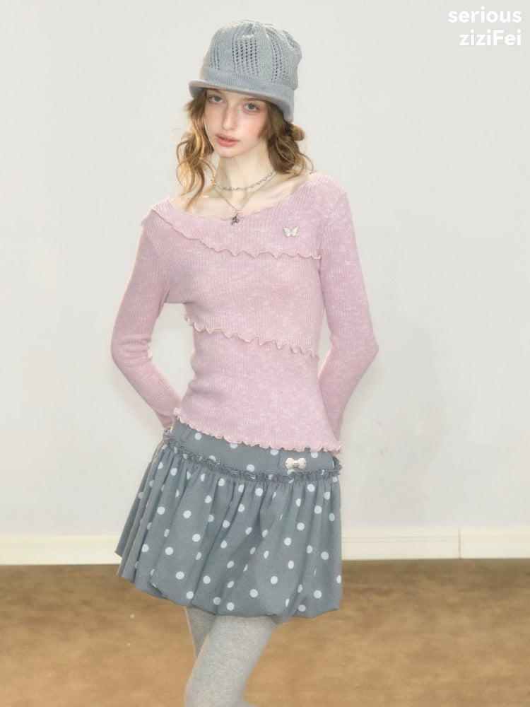 Flared Sleeves Mellow Pink Slimming Knit Top【s0000018918】