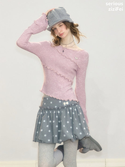 Flared Sleeves Mellow Pink Slimming Knit Top【s0000018918】