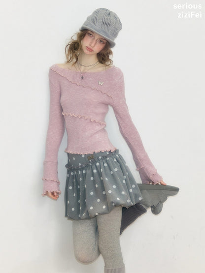 Flared Sleeves Mellow Pink Slimming Knit Top【s0000018918】