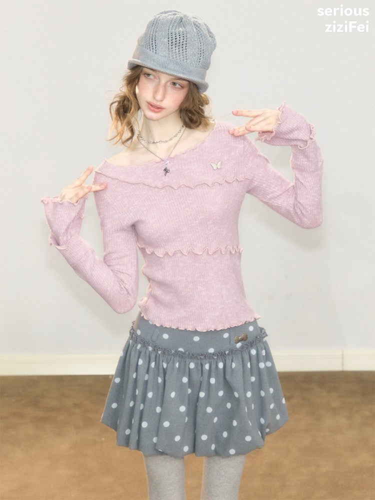 Flared Sleeves Mellow Pink Slimming Knit Top【s0000018918】