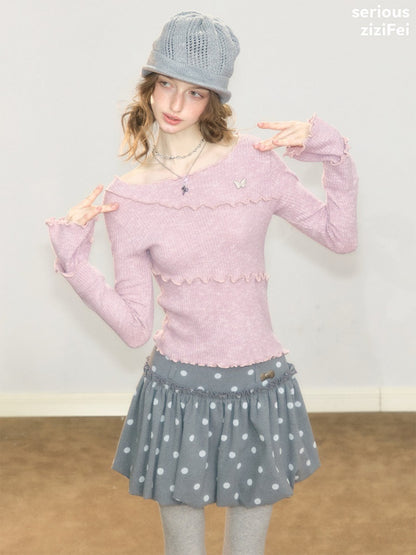 Flared Sleeves Mellow Pink Slimming Knit Top【s0000018918】