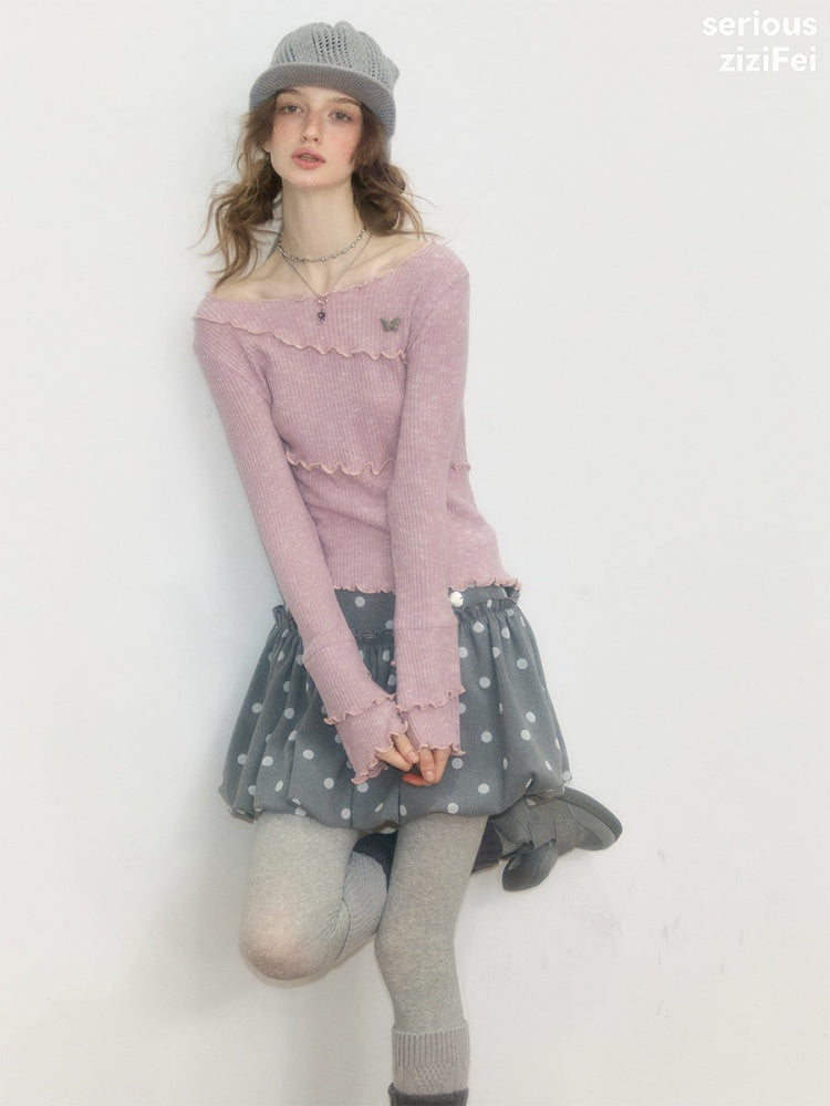 Flared Sleeves Mellow Pink Slimming Knit Top【s0000018918】