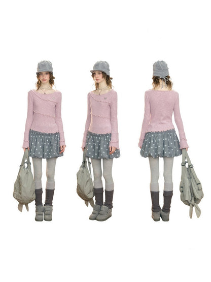 Flared Sleeves Mellow Pink Slimming Knit Top【s0000018918】