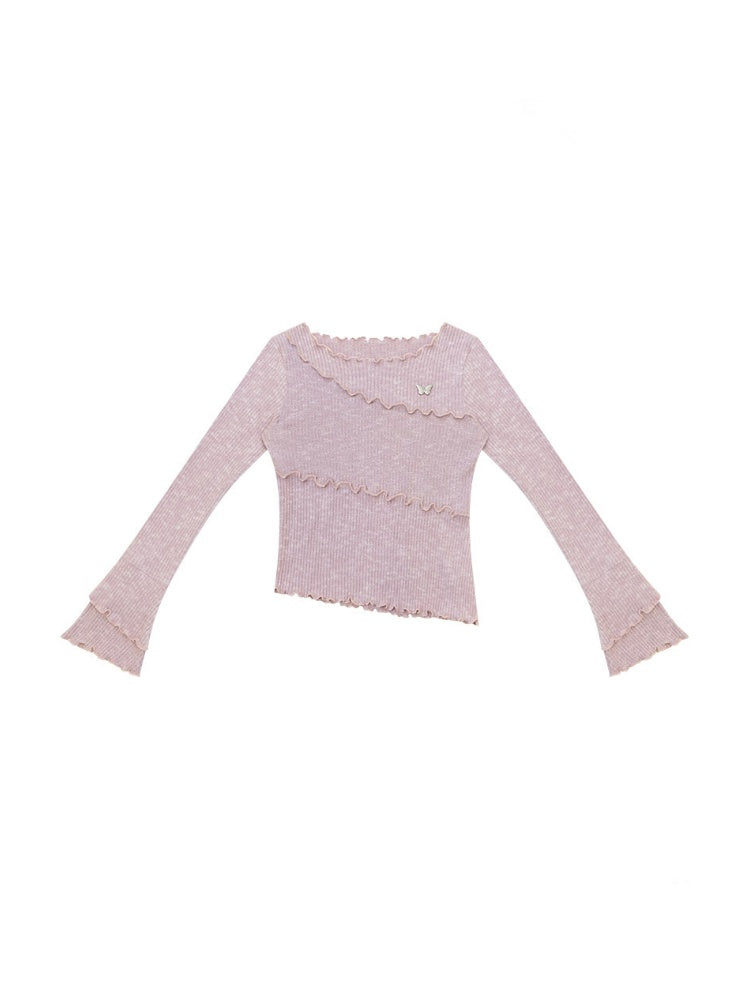 Flared Sleeves Mellow Pink Slimming Knit Top【s0000018918】