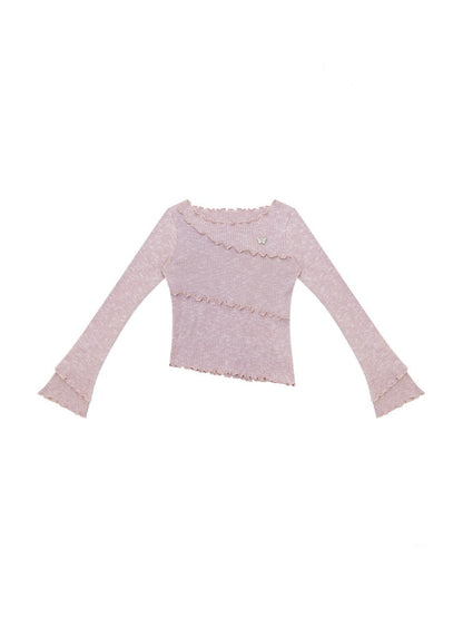 Flared Sleeves Mellow Pink Slimming Knit Top【s0000018918】