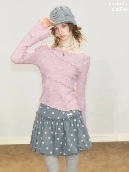 Flared Sleeves Mellow Pink Slimming Knit Top【s0000018918】